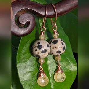 Artisan Copper Earrings Elegant Green Garnet And Dalmatian Jasper Gemstones